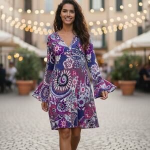MSK Purple Pink Paisley Knit V Neck Shift Dress Large